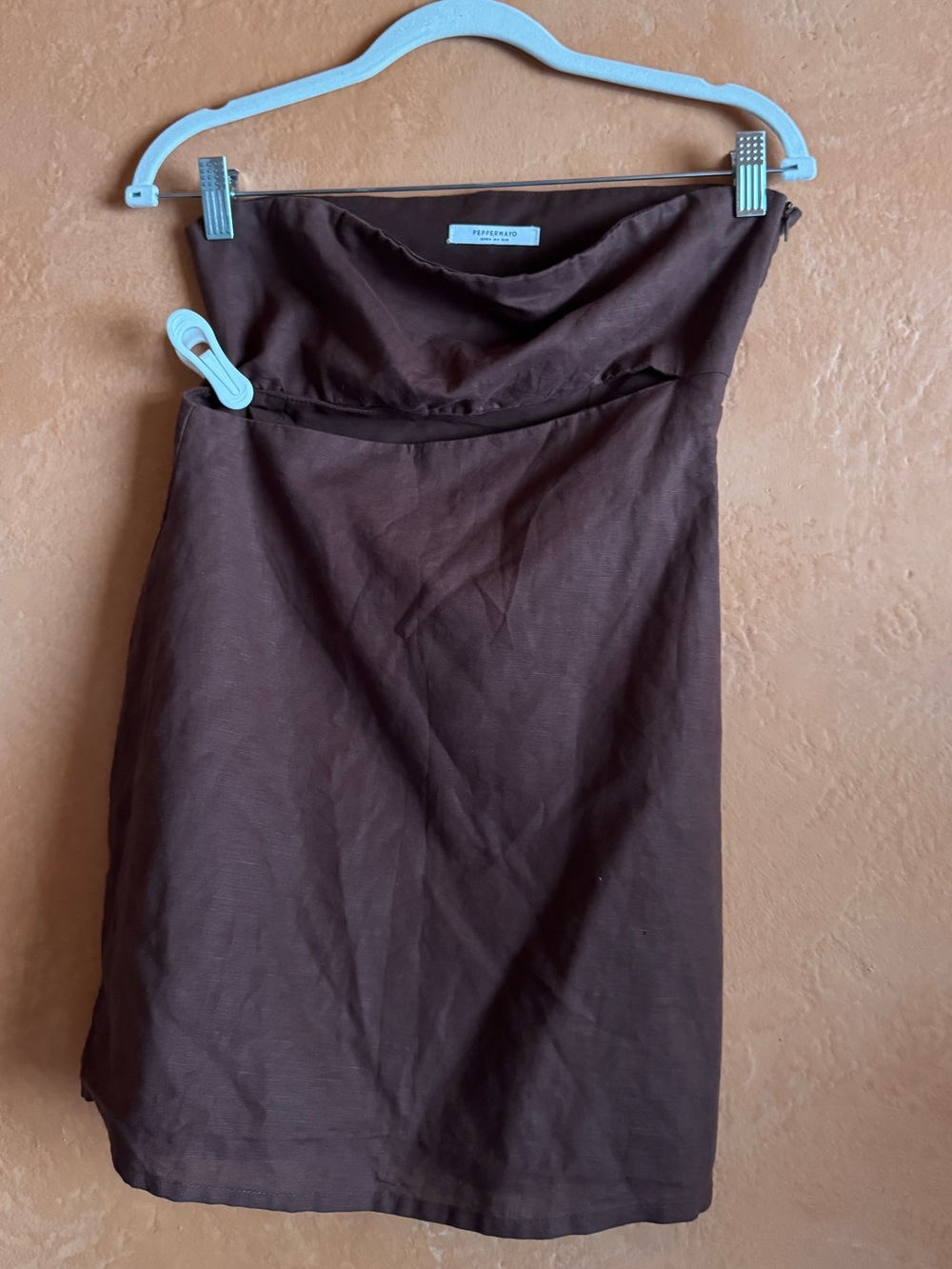 PepperMayo Chocolate Brown Linen Blend Strapless Cutout Mini Dress US 4